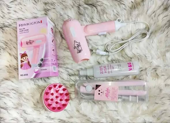 Mini hair dryer and Mini hair straightener V&G Heat Protection Spray Head Scalp Massager Brush 4 in 1 Combo